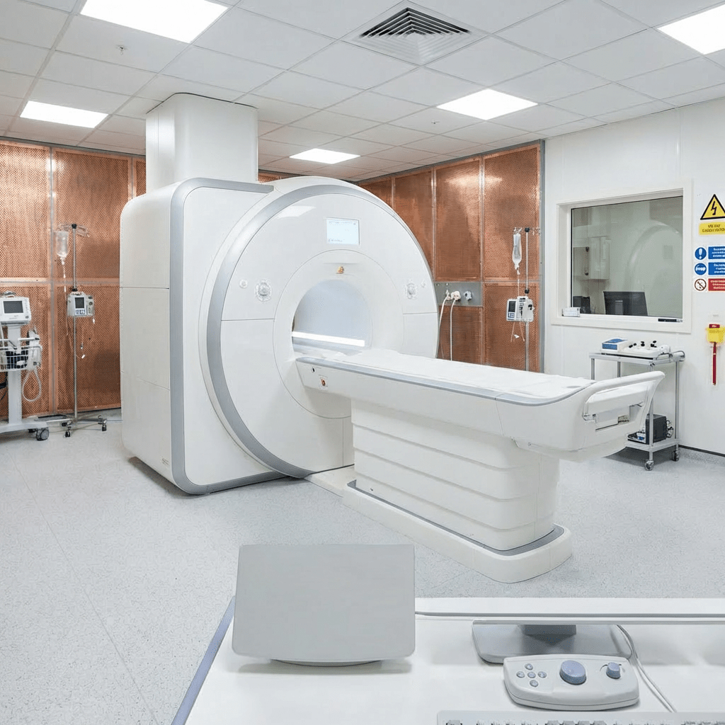 Patient lying on an MRI machine bed with brain scan results on a monitor.
