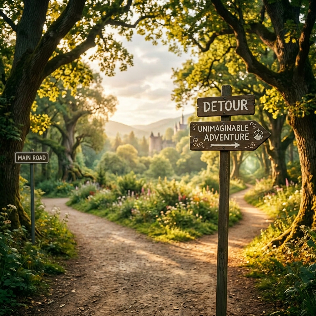 Young woman standing at a forest fork holding a sign pointing to detour and unimaginable adventure