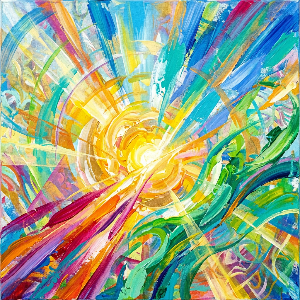 Abstract painting with radiant yellow center and colorful swirling brushstrokes