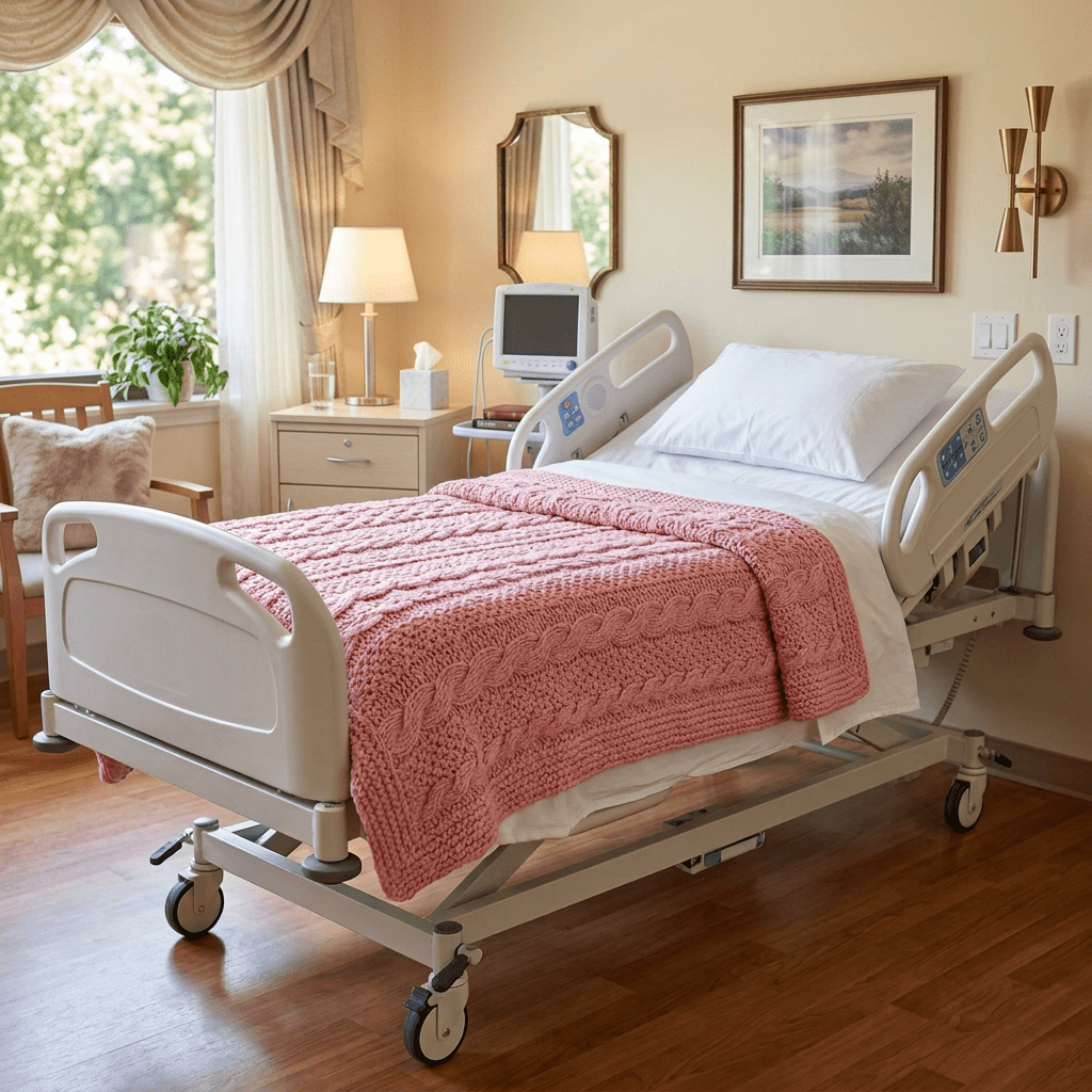Empty hospital bed with pink blanket, monitor, window, and bedside table