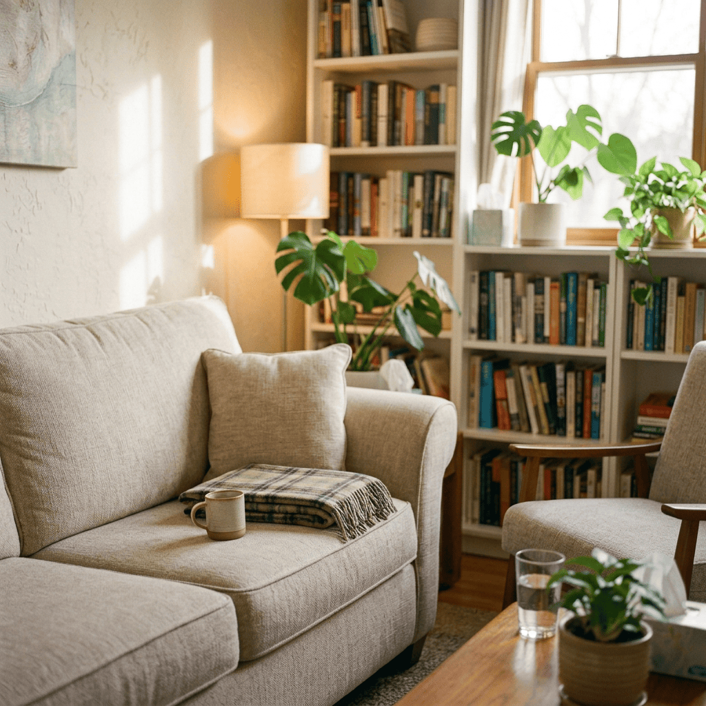Two women talking while holding hands in a cozy living room
